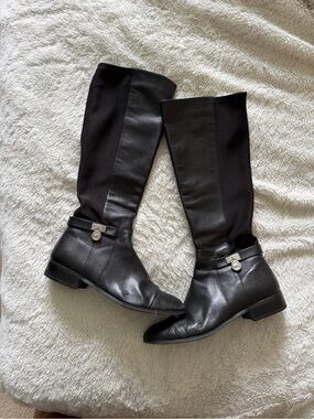 Michael Kors Black Leather Riding Boots with Signature Charm